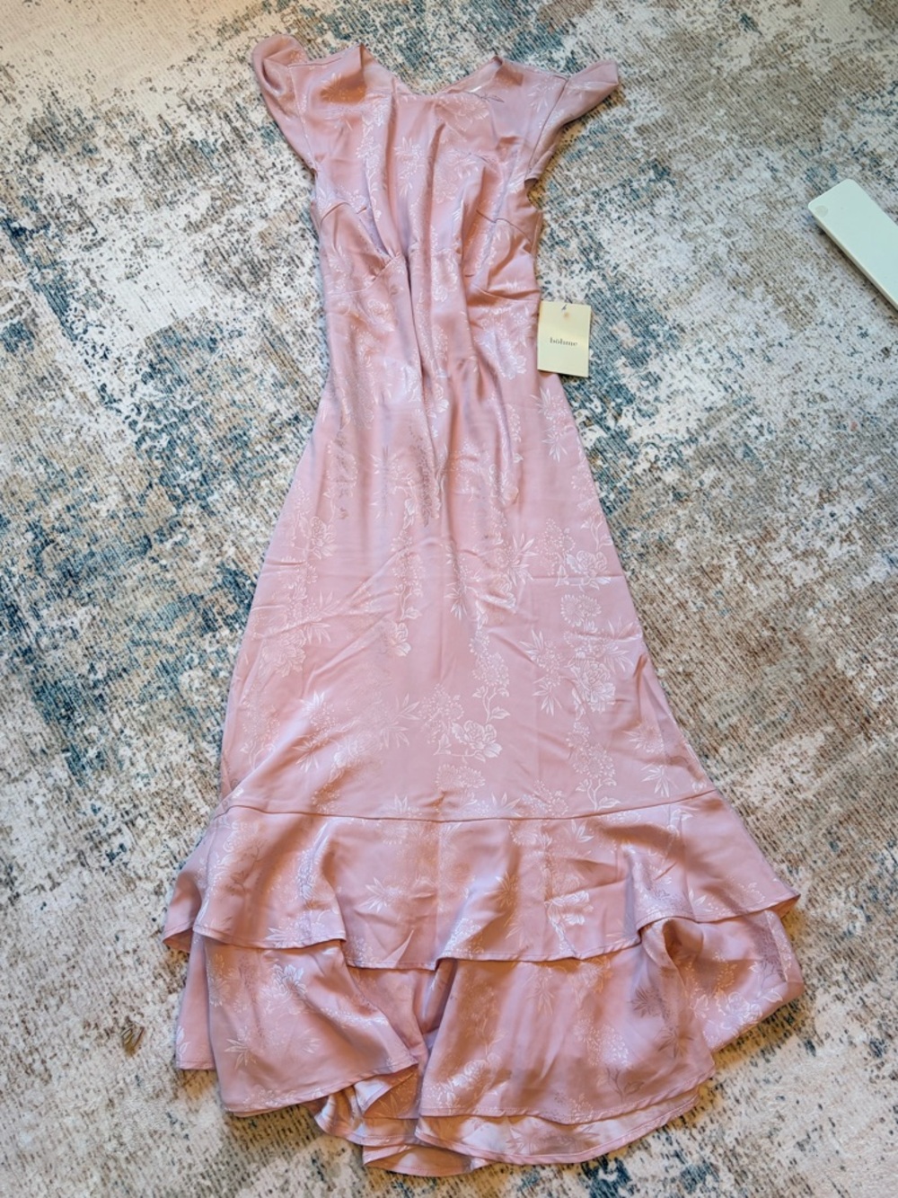 bohme Blush Pink Floral Satin High-Low Ruffle Dress